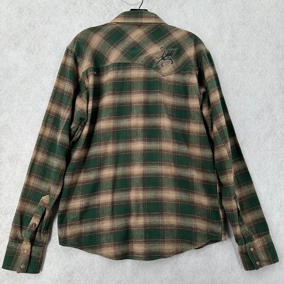 Micros Pearl Snap Flannel Shirt Mens MED Plaid Green Brown Southwestern Button - Picture 2 of 8